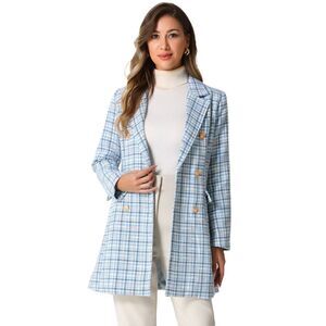 Plaid Tweed Coat Lapel Collar Double Breasted Blazer Outerwear Blue